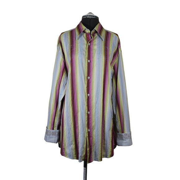 Robert Graham men's embroidered flip cuff striped long sleeve button front shirt - Picture 1 of 16